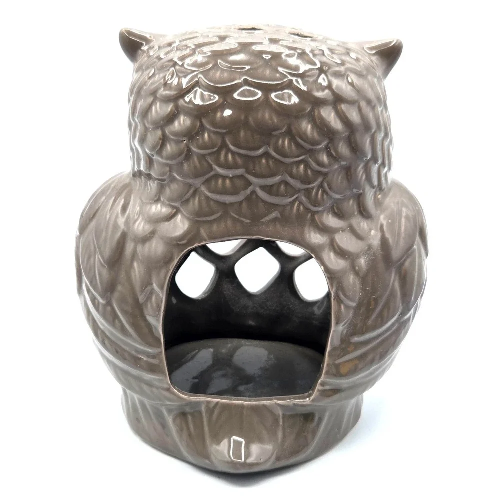 Owl Luminary Candle Holder Lantern Light Brown Gray  Ceramic 9.5